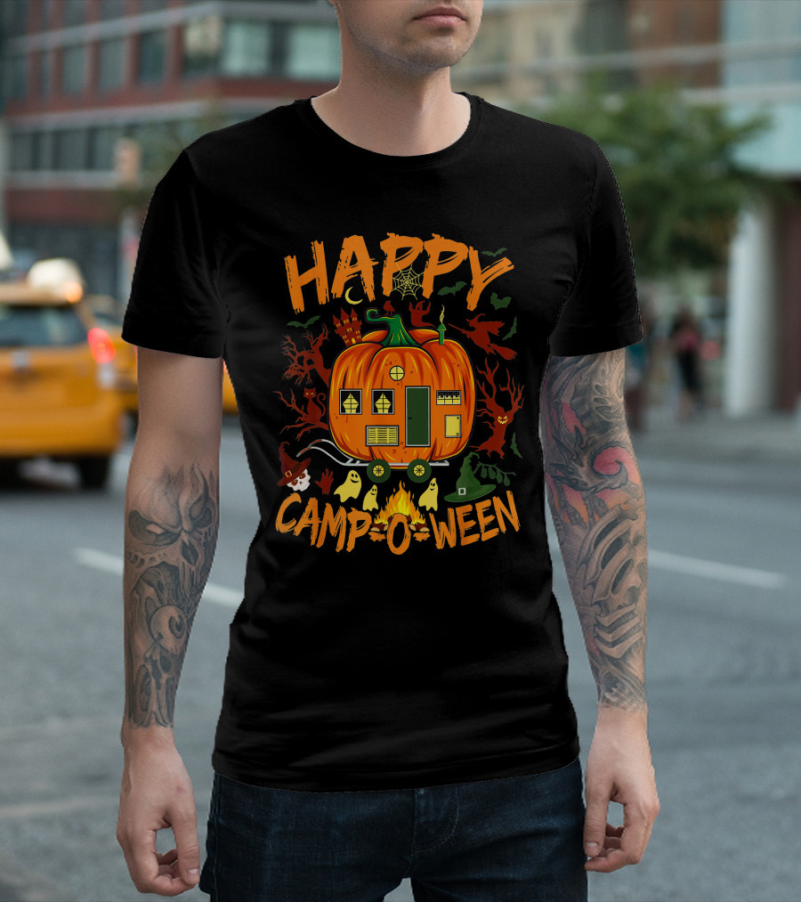 Happy Camp O Ween Funny Halloween Camping Camper Pumpkin Ghosts Witch Hat Spooky Fire T-Shirt