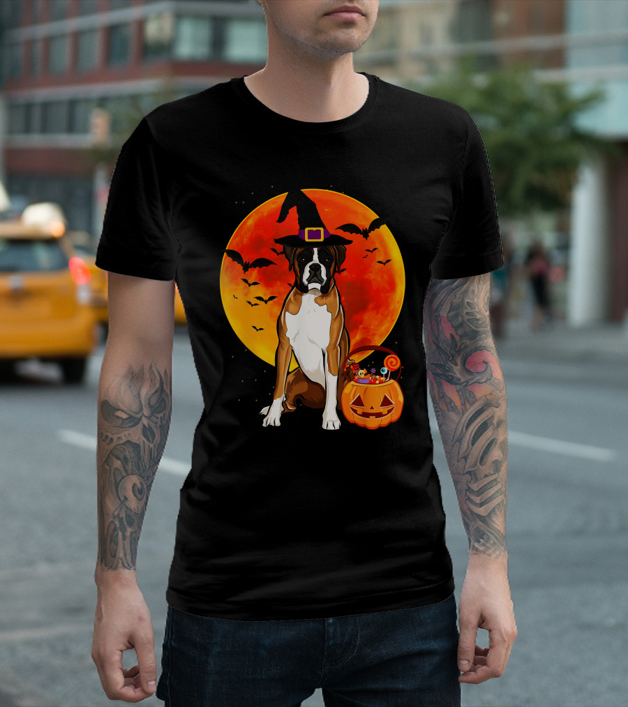 Boxer Dog with Witch Hat Pumpkin Full Moon Halloween Bats T-Shirt