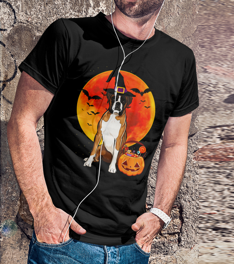 Boxer Dog With Witch Hat Pumpkin Full Moon Halloween Bats T-Shirt