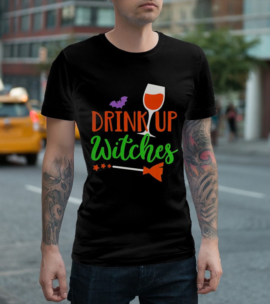Drink Up Witches Halloween Vintage Family Wine Glass Broomstick Bat T-Shirt