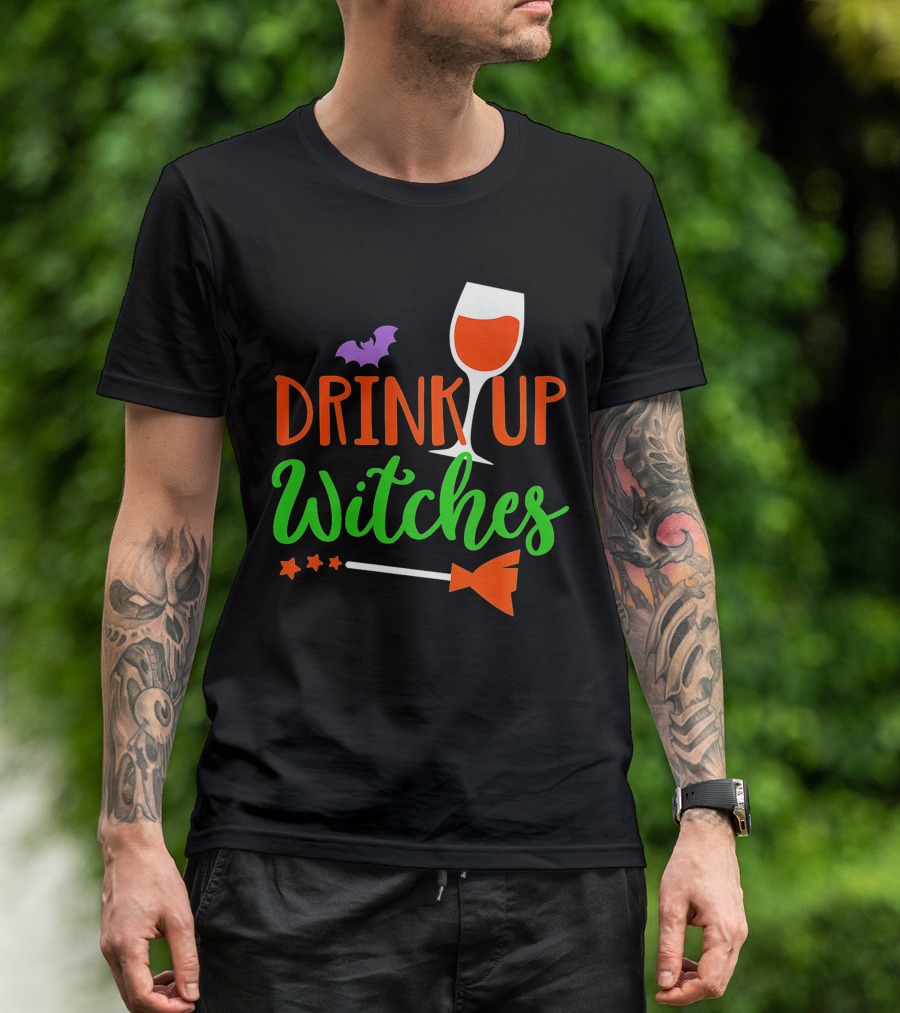 Drink Up Witches Halloween Vintage Family Wine Glass Broomstick Bat T-Shirt