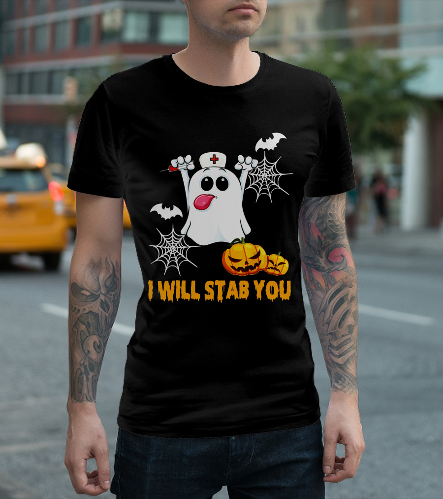 I Will Stab You Funny Nurse Ghost with Pumpkins and Bats T-Shirt
