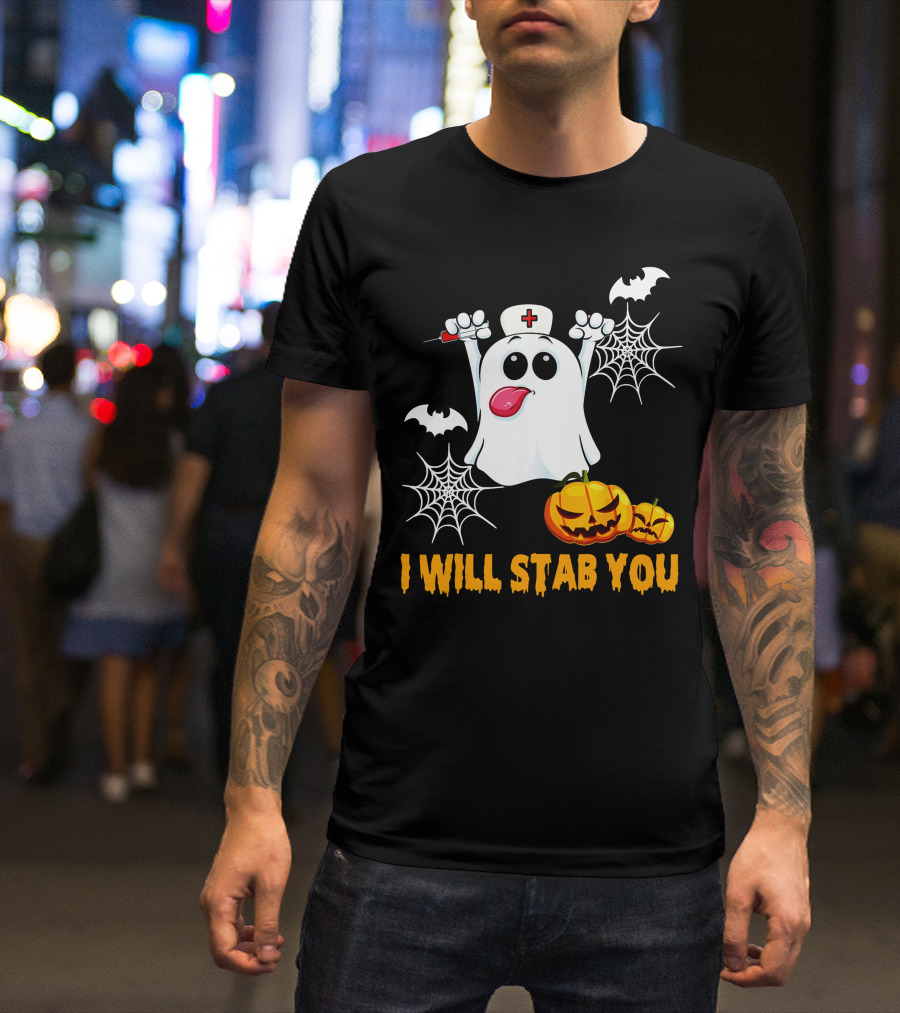 I Will Stab You Funny Nurse Ghost With Pumpkins And Bats T-Shirt