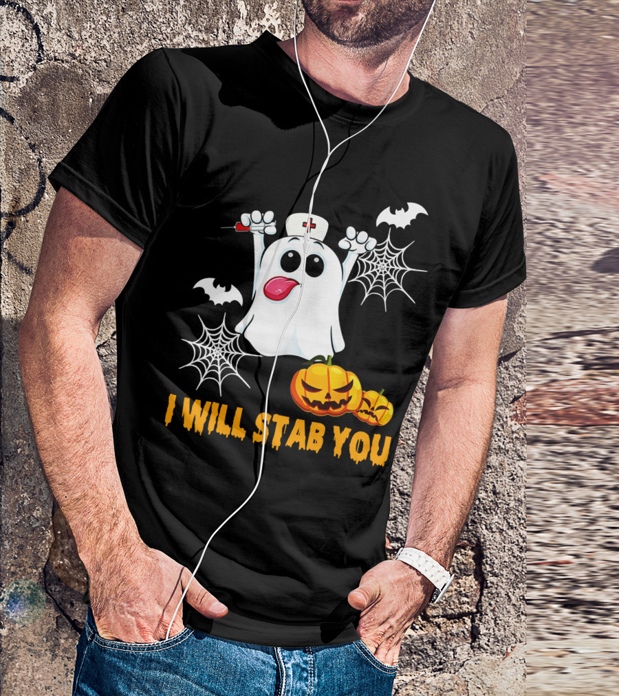I Will Stab You Funny Nurse Ghost With Pumpkins And Bats T-Shirt