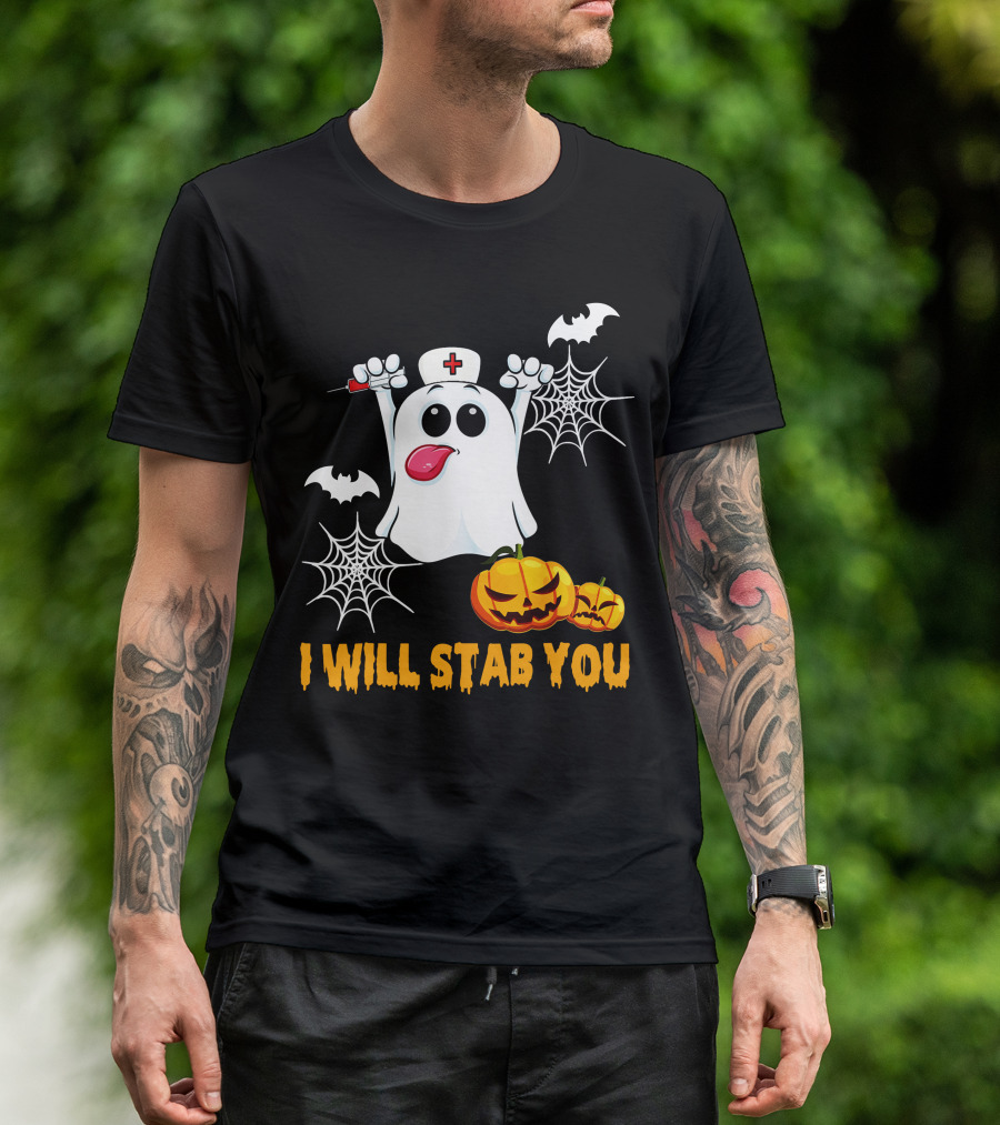 I Will Stab You Funny Nurse Ghost With Pumpkins And Bats T-Shirt