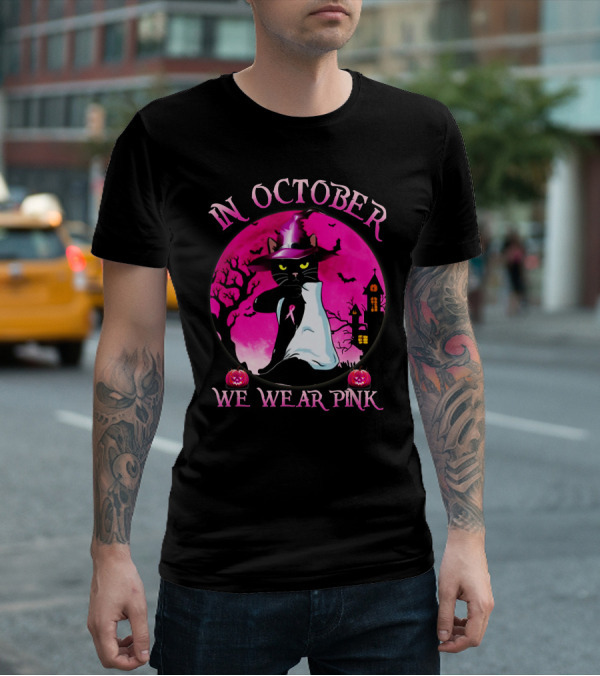 In October We Wear Pink Cat Halloween Pink Ribbon Moon Bats Jack O'Lanterns T-Shirt