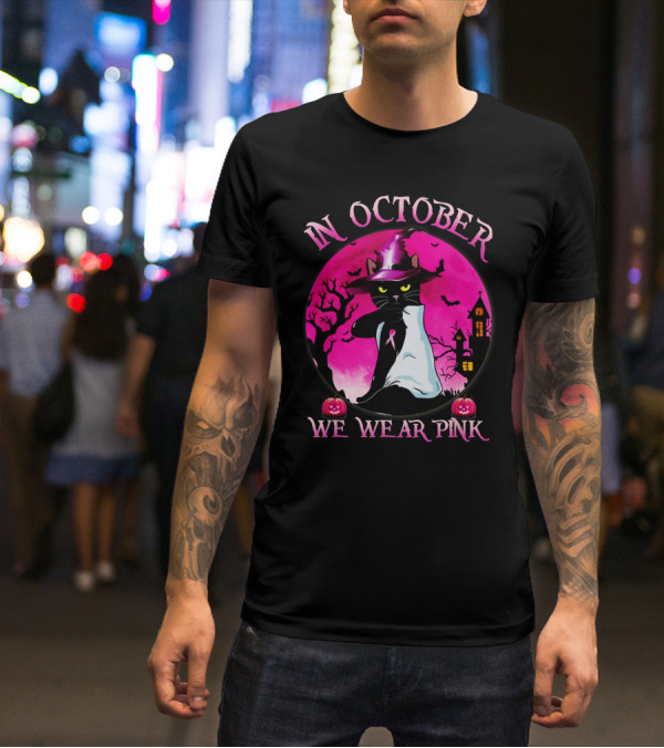 In October We Wear Pink Cat Halloween Pink Ribbon Moon Bats Jack O'Lanterns T-Shirt