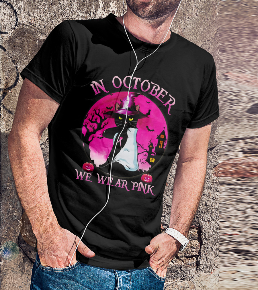 In October We Wear Pink Cat Halloween Pink Ribbon Moon Bats Jack O'Lanterns T-Shirt