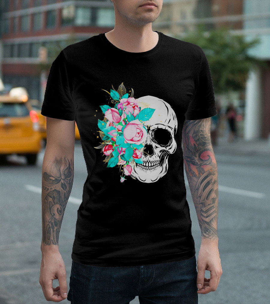 Flower Skull Floral Fusion with Vintage Rose Elements T-Shirt