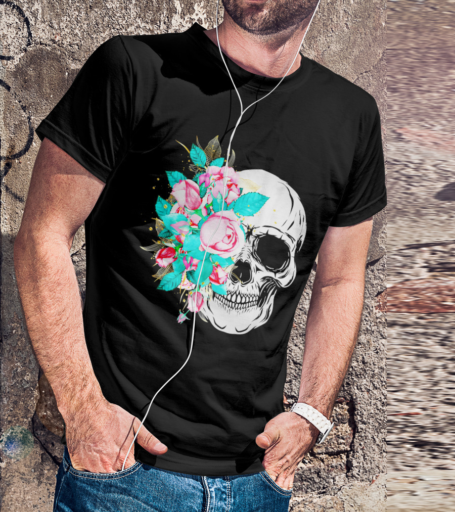 Flower Skull Floral Fusion With Vintage Rose Elements T-Shirt