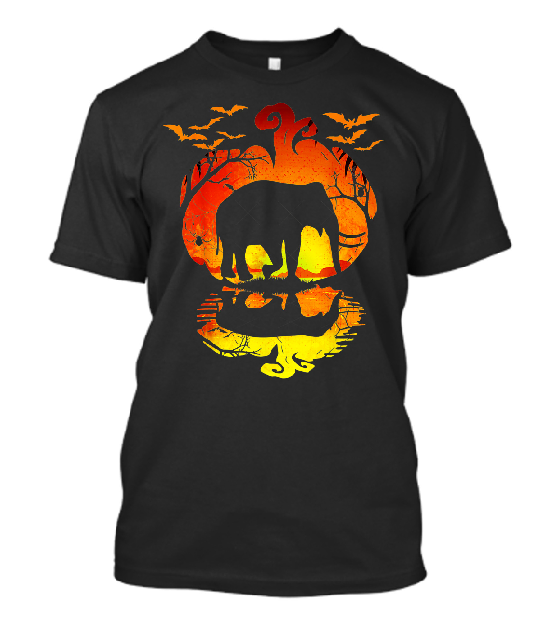 Elephant Silhouette Pumpkin Reflection With Bats And Trees T-Shirt