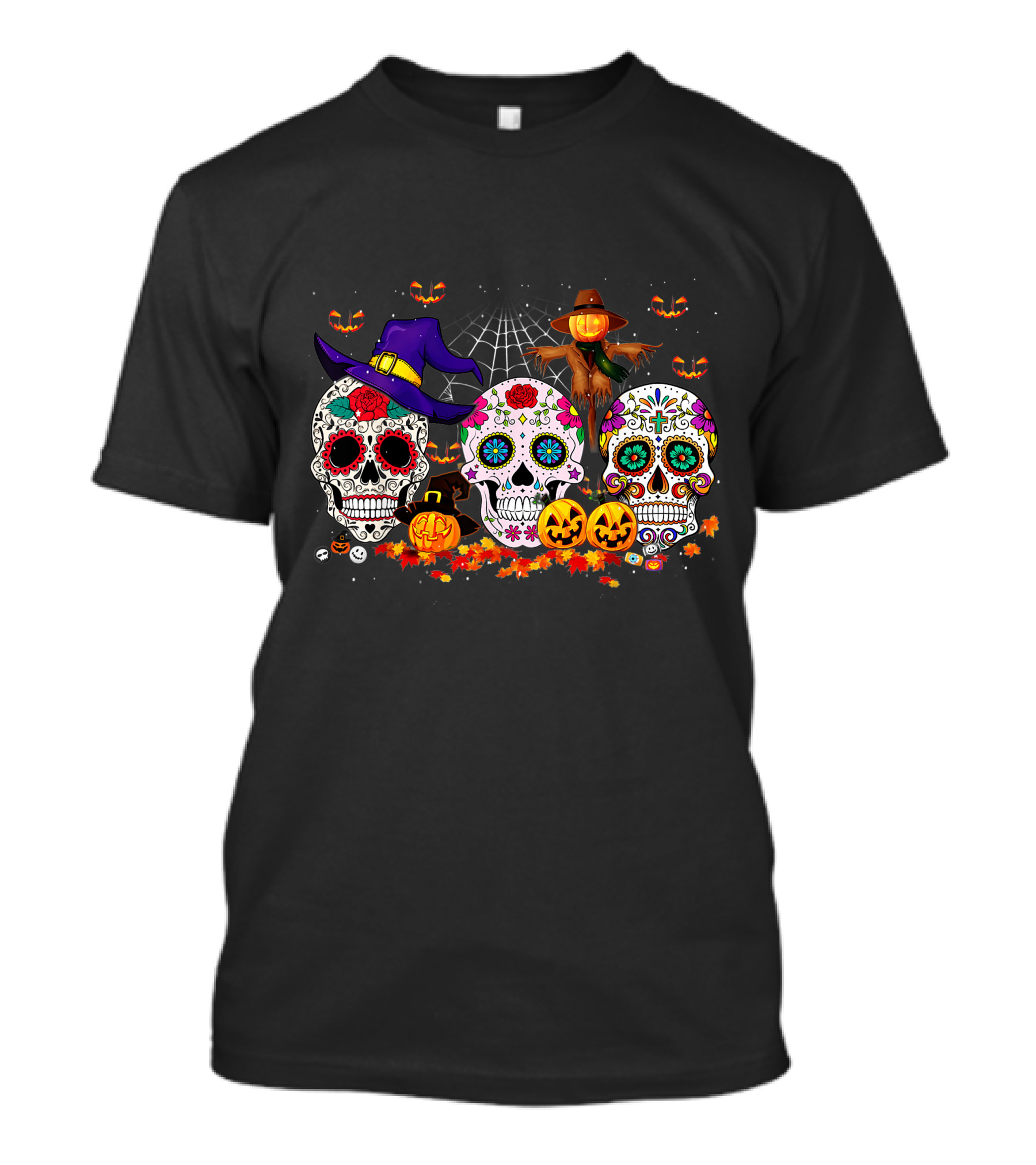 Sugar Skull Halloween Pumpkins And Scarecrow Scene T-Shirt