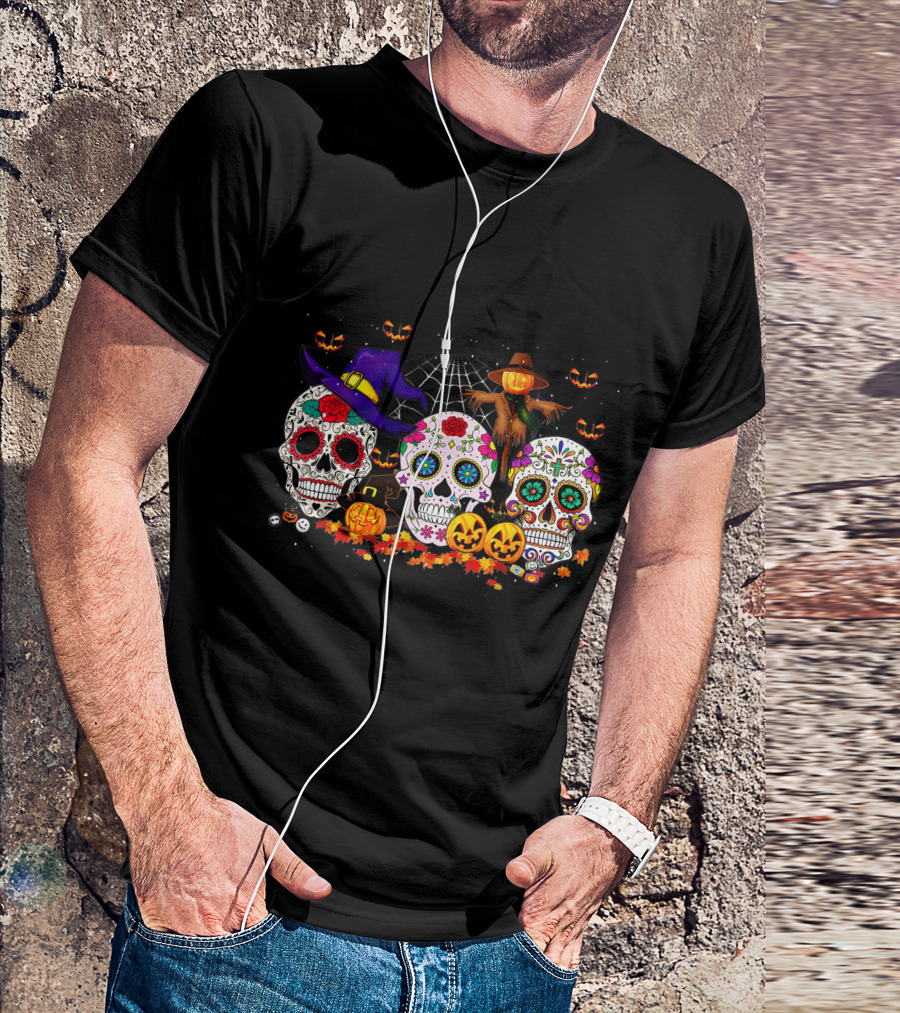 Sugar Skull Halloween Pumpkins And Scarecrow Scene T-Shirt