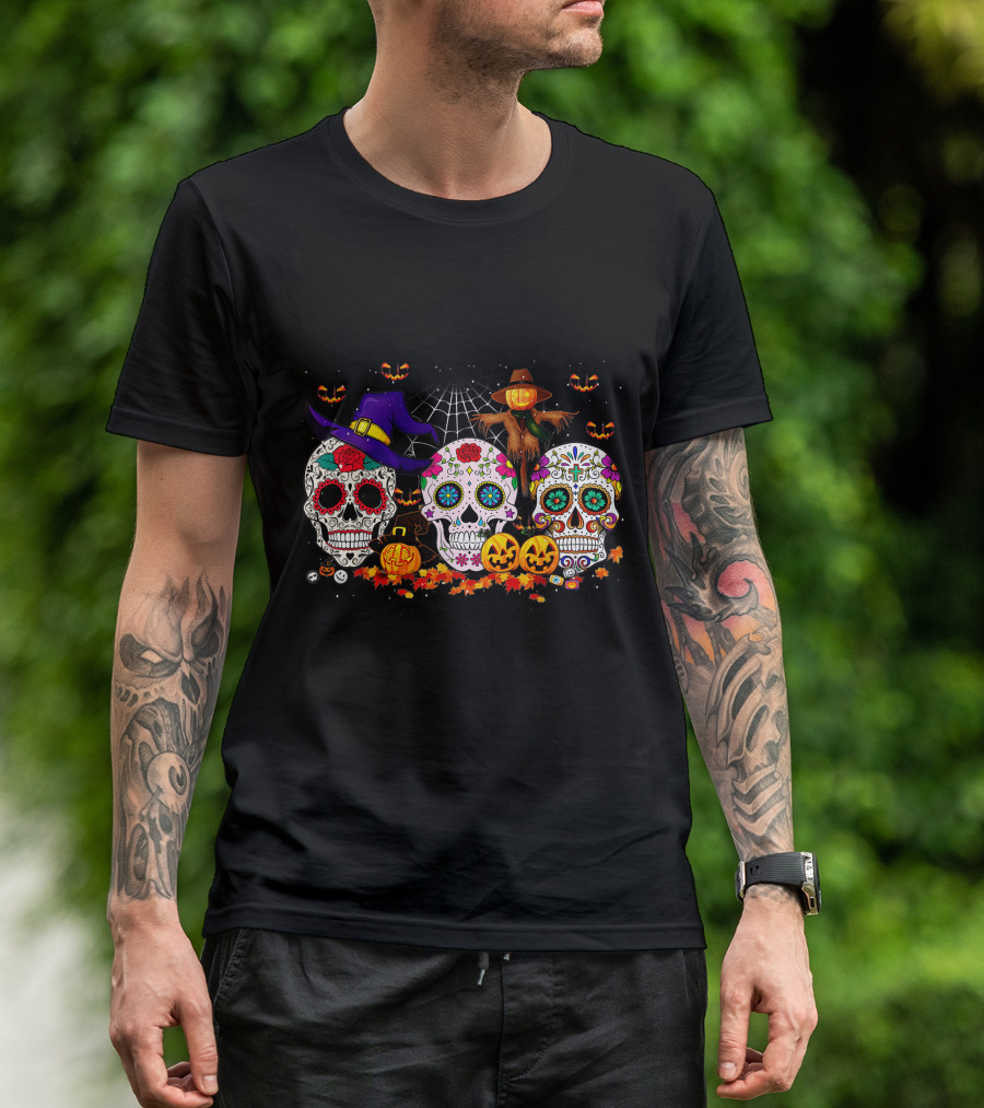 Sugar Skull Halloween Pumpkins And Scarecrow Scene T-Shirt