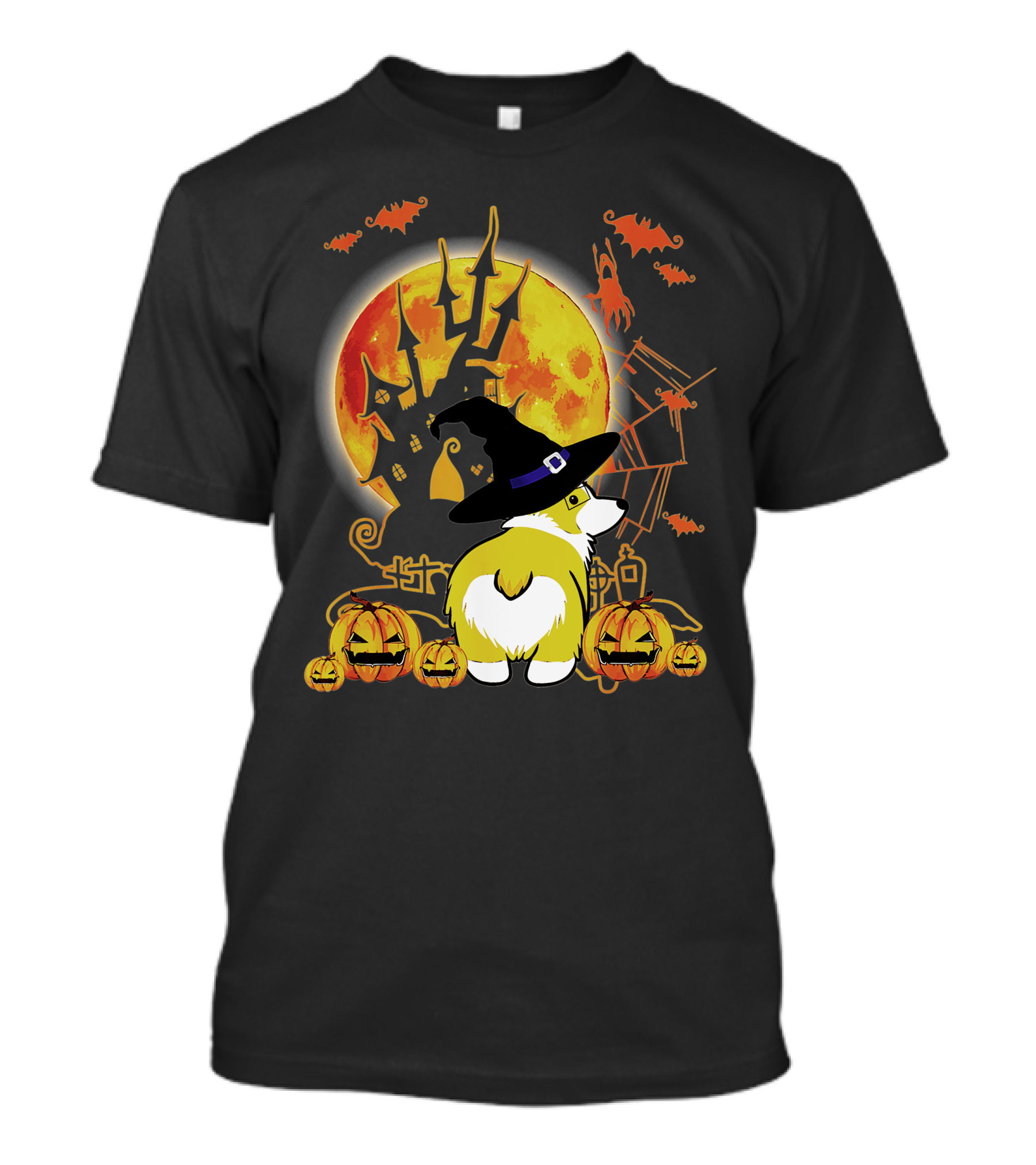 Corgi Dog Lovers Funny Dog Halloween Witch Moon Pumpkins Haunted House Bats T-Shirt