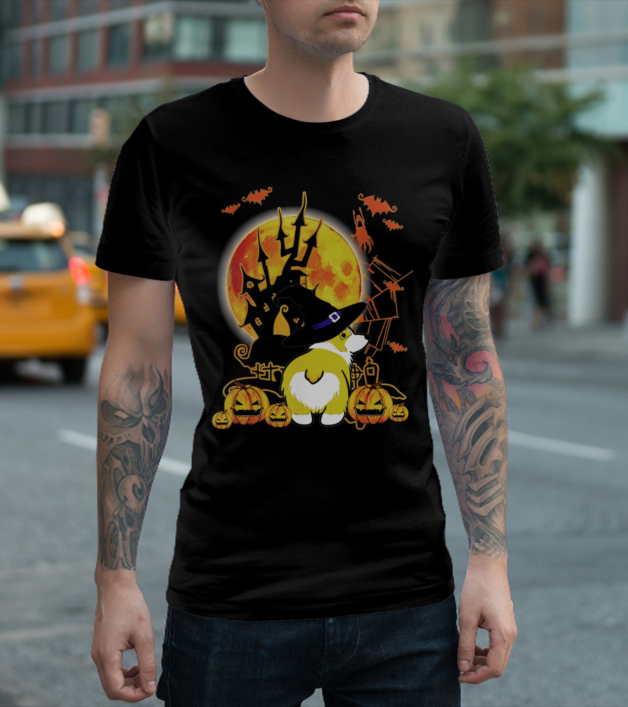 Corgi Dog Lovers Funny Dog Halloween Witch Moon Pumpkins Haunted House Bats T-Shirt