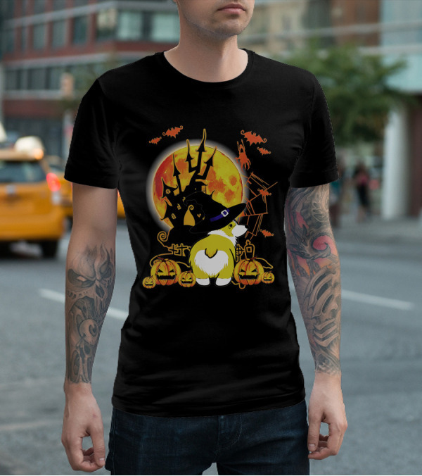 Corgi Dog Lovers Funny Dog Halloween Witch Moon Pumpkins Haunted House Bats T-Shirt