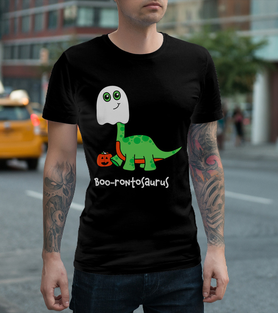 Boo-rontosaurus Ghost Dinosaur with Pumpkin Halloween Cute Funny Brontosaurus T-Shirt