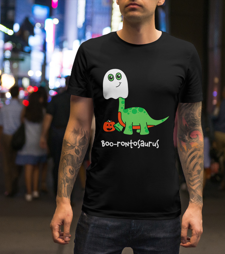 Boo-rontosaurus Ghost Dinosaur With Pumpkin Halloween Cute Funny Brontosaurus T-Shirt