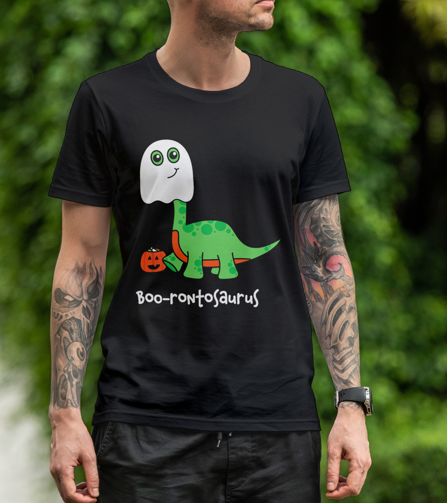 Boo-rontosaurus Ghost Dinosaur With Pumpkin Halloween Cute Funny Brontosaurus T-Shirt