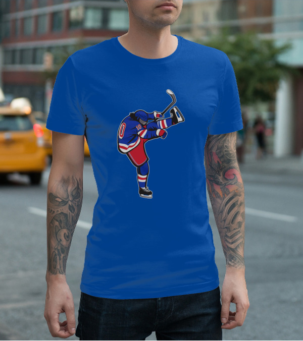 Xanh Bien Hockey Player Kicking Pose Blue Background T-Shirt