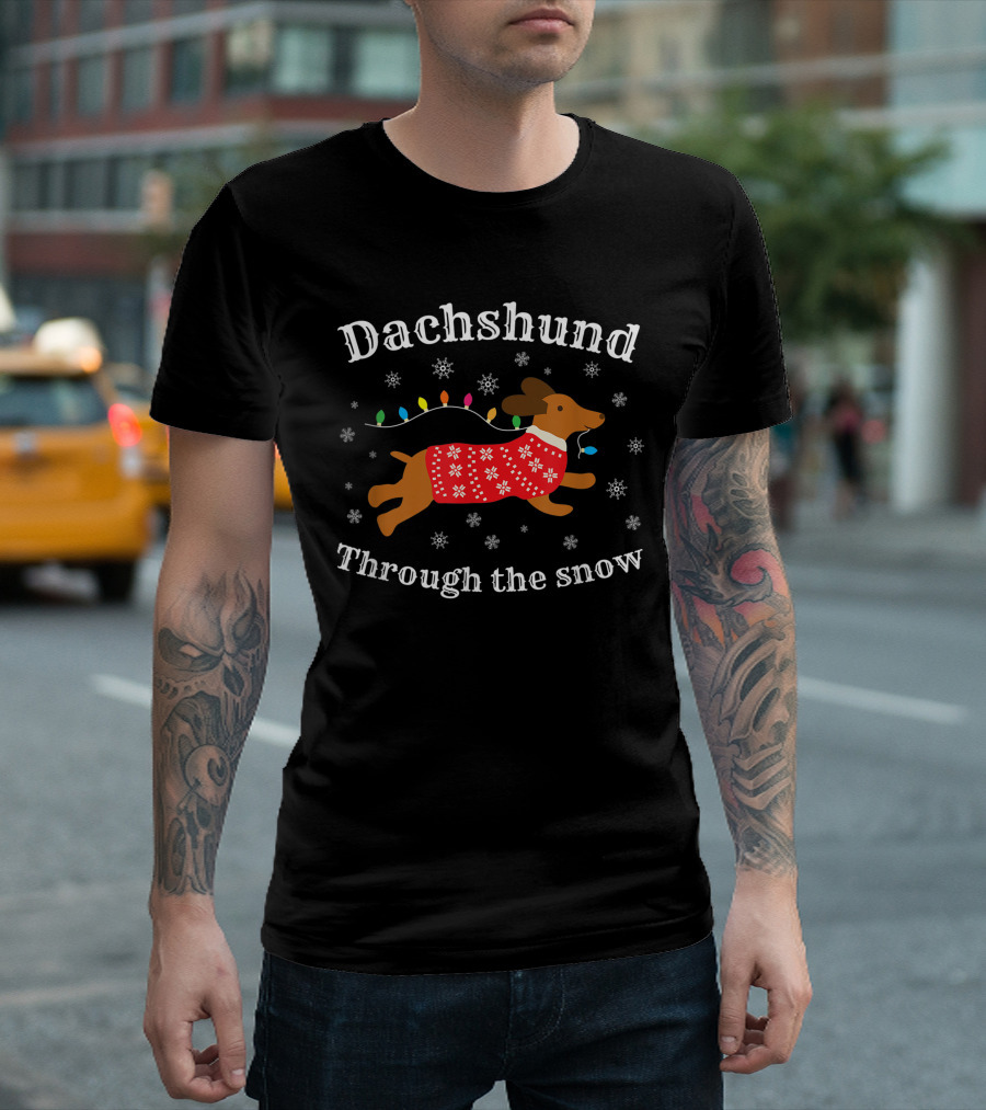 Dachshund Through the Snow Wearing a Festive Sweater with Christmas Lights and Snowflakes T-Shirt