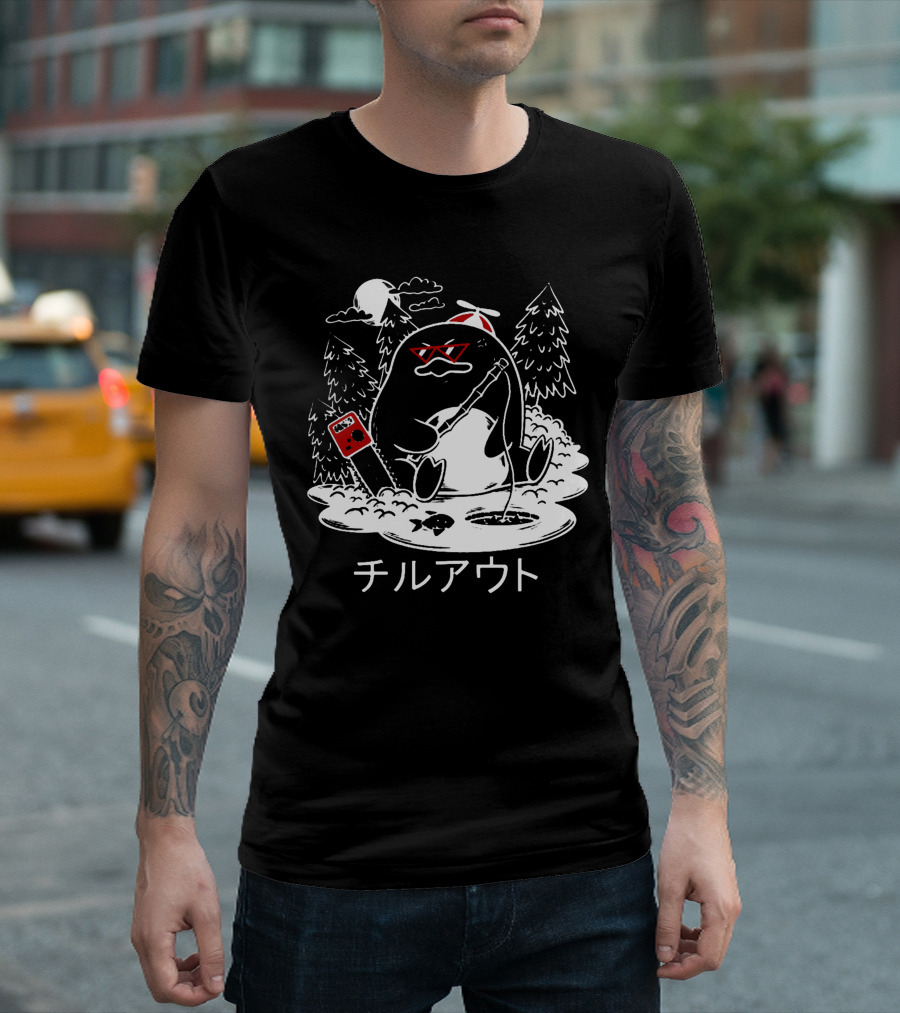 Isaacwhy Merch Chill Out Penguin with Chainsaw and Fishing Rod T-Shirt