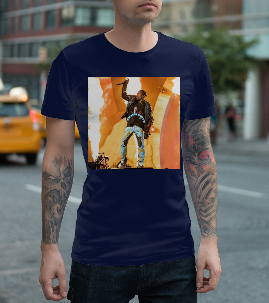 Travis Scott Live Concert Performance with Fire Effects T-Shirt