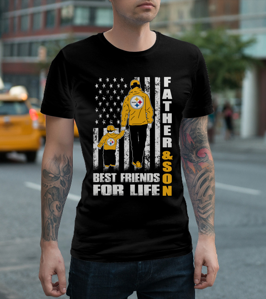 Father And Son Best Friends For Life Steelers Flag Background T-Shirt