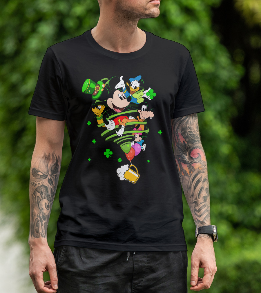 Mickey Mouse Donald Duck Goofy St. Patrick's Day Celebration With Shamrocks And Beer Mug T-Shirt