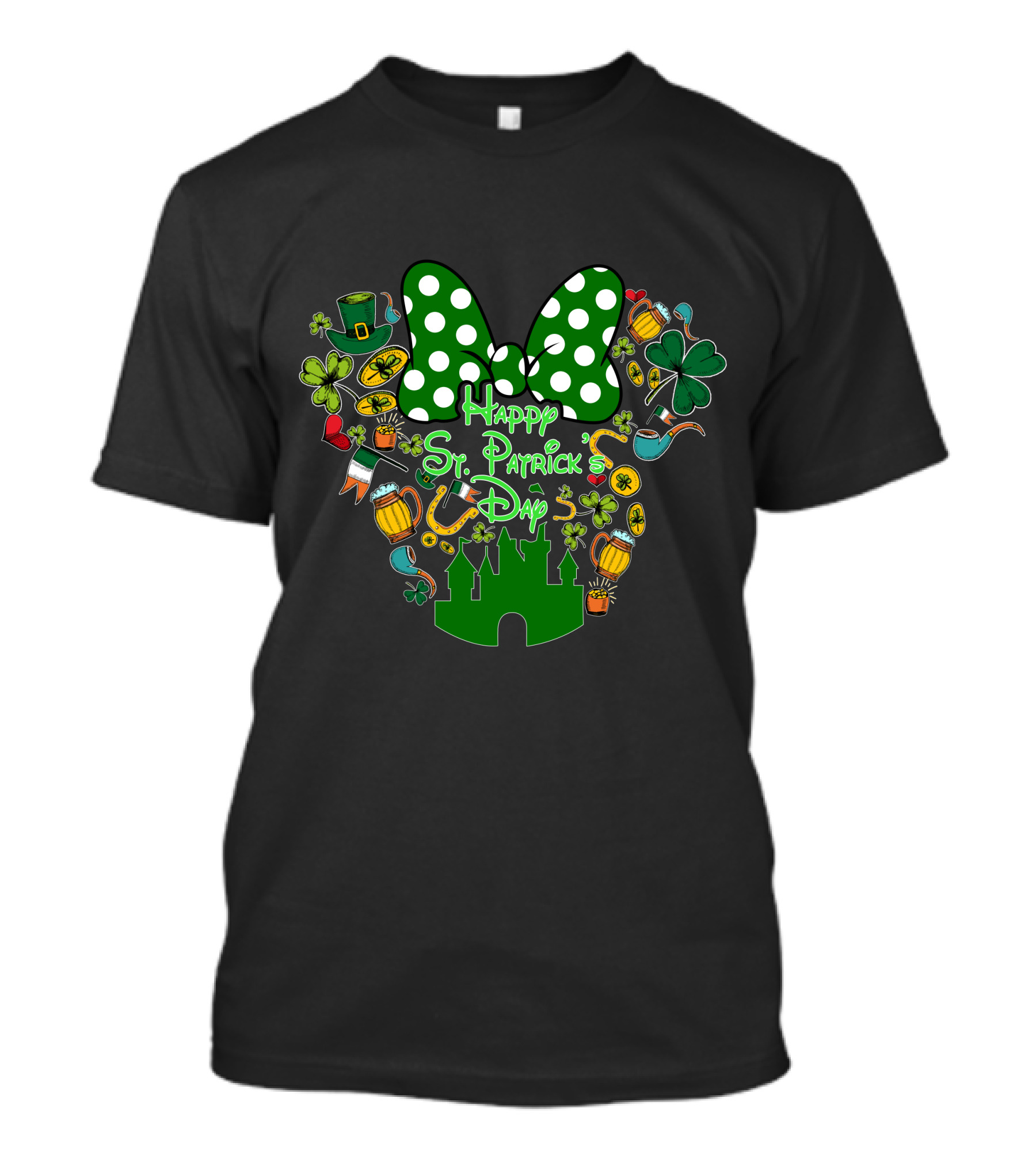 Happy St. Patrick's Day Green White Polka Dot Bow And Shamrocks T-Shirt