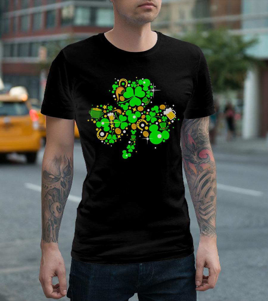 Shamrock St.Patrick's Day Clover with Mickey Ears, Horseshoe, Coins, Beer, and Leprechaun Hat T-Shirt