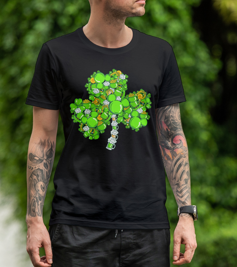 Shamrock Mickey Mouse St. Patrick's Day Beer Mugs And Gold Coins T-Shirt