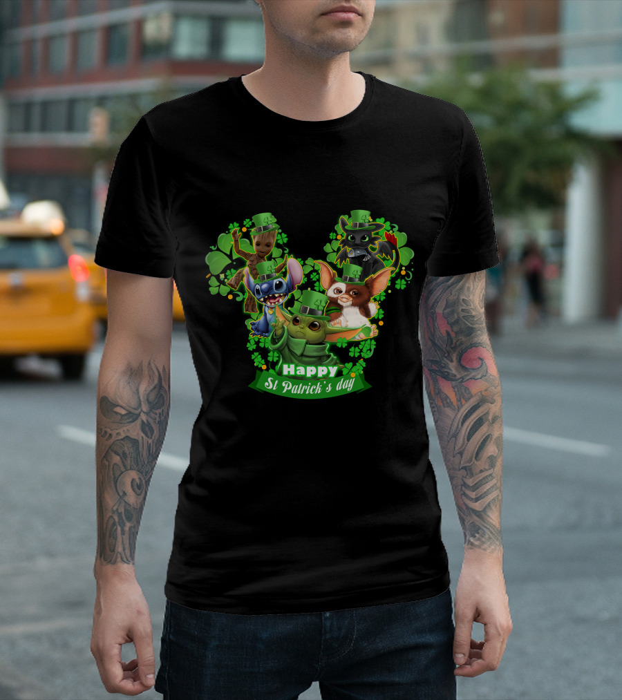 BBYD And Friends Happy St Patrick's Day Groot Gizmo Stitch Mandalorian Baby Yoda Toothless T-Shirt