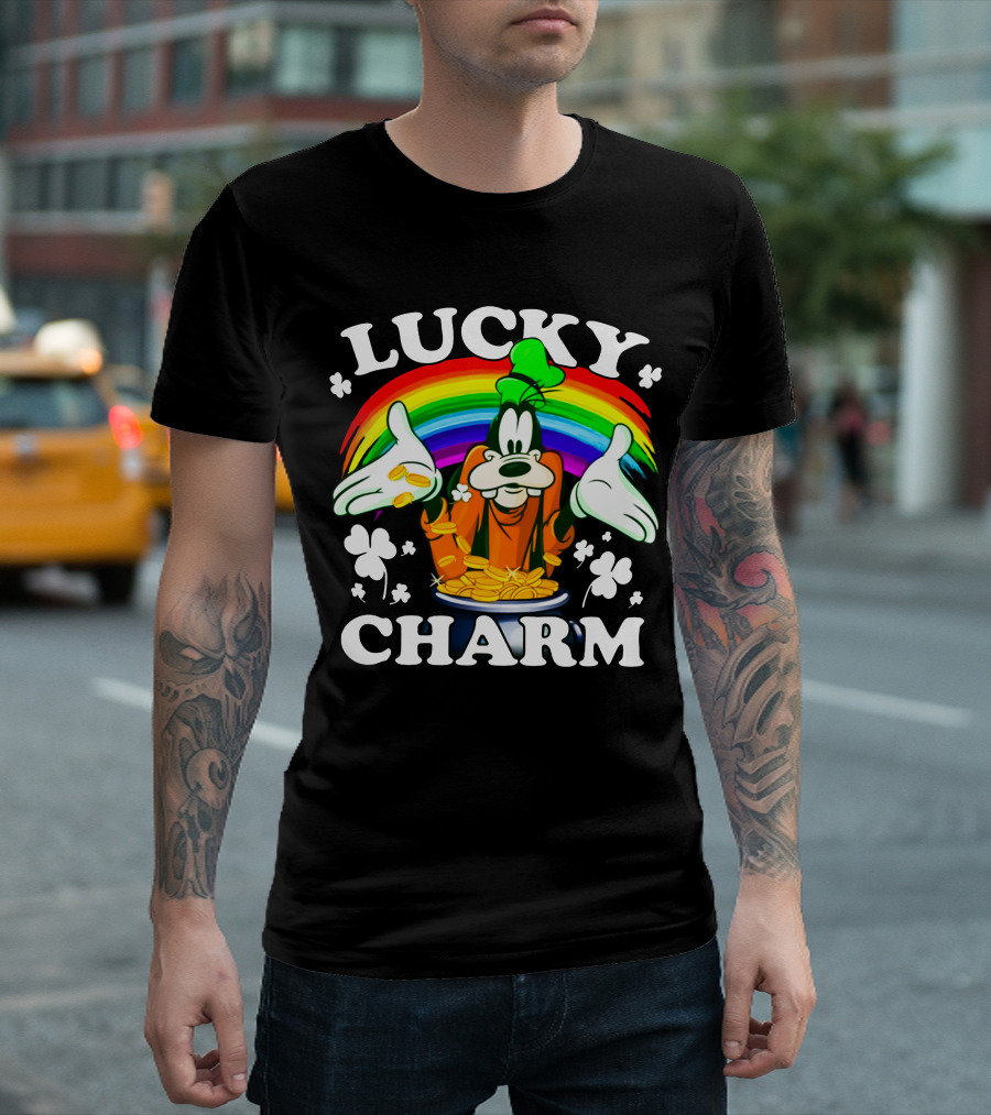 Lucky Charm Goofy With Rainbow And Gold Coins T-Shirt