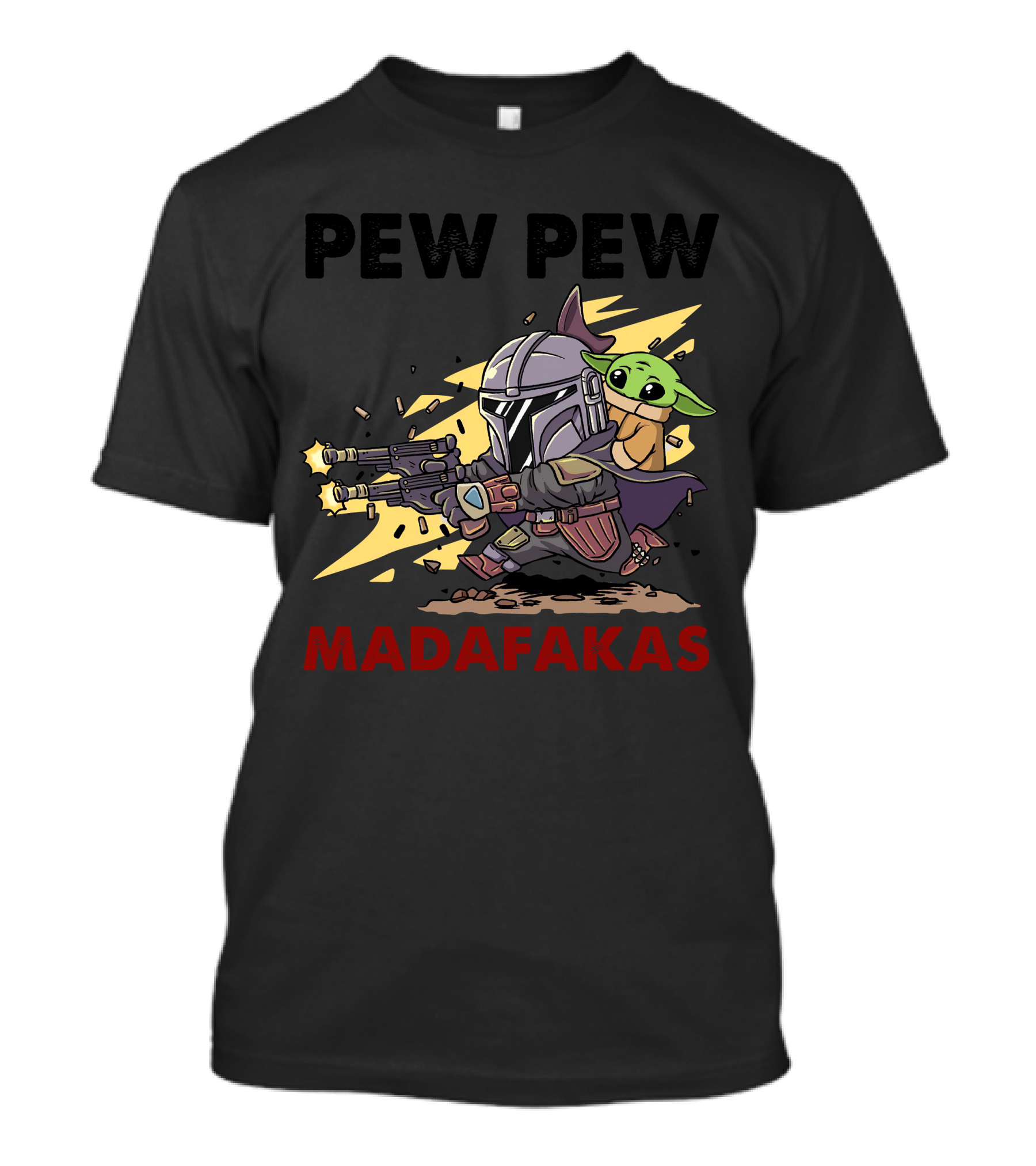 Pew Pew Madafakas Mandalorian Baby Yoda Gun Firing Scene T-Shirt