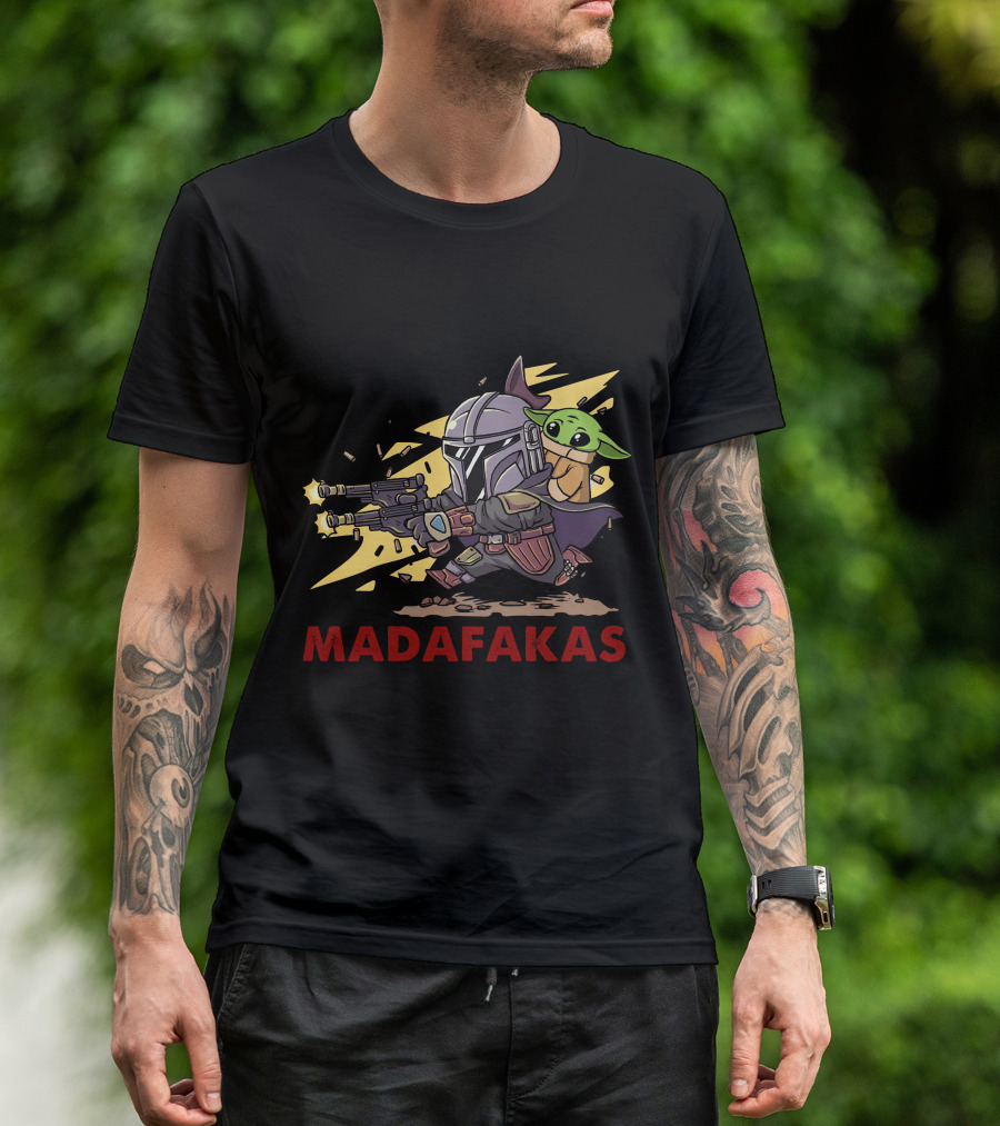 Pew Pew Madafakas Mandalorian Baby Yoda Gun Firing Scene T-Shirt