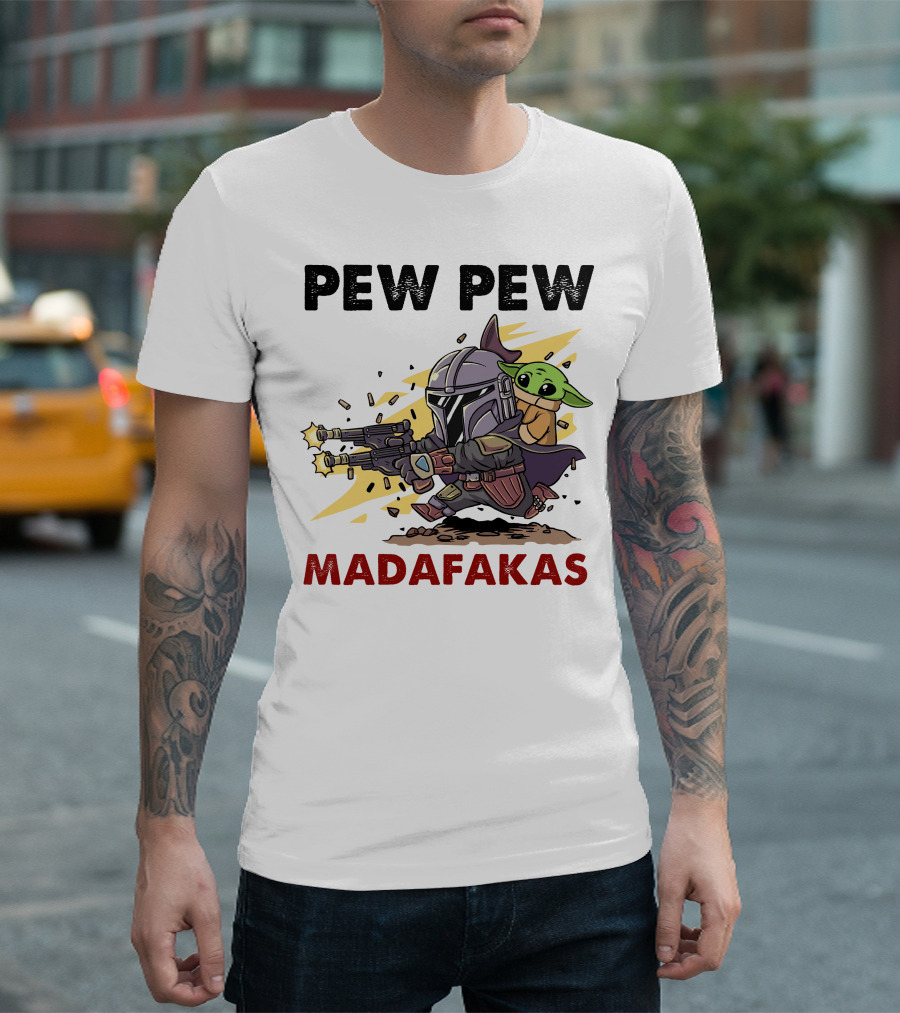 Pew Pew Madafakas Mandalorian Baby Yoda Gun Firing Scene T-Shirt