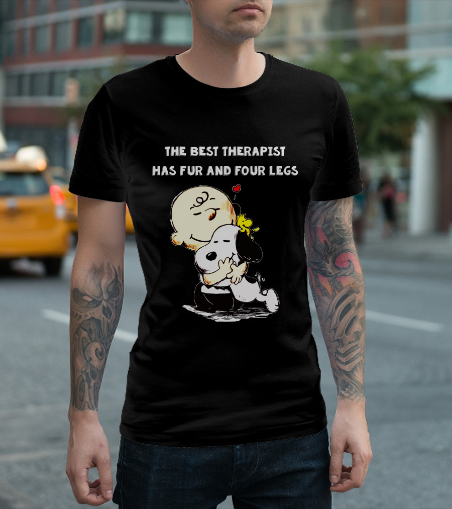 The Best Therapist Has Fur And Four Legs Charlie Brown Snoopy Woodstock Hug T-Shirt