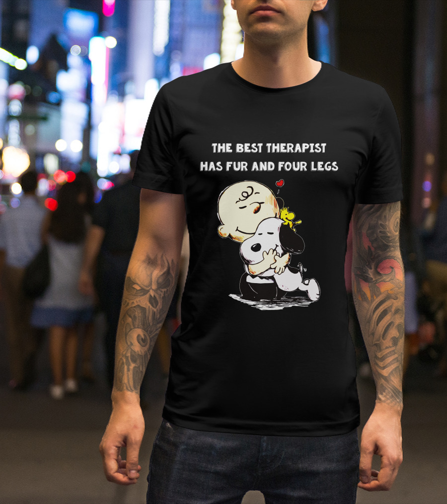 The Best Therapist Has Fur And Four Legs Charlie Brown Snoopy Woodstock Hug T-Shirt
