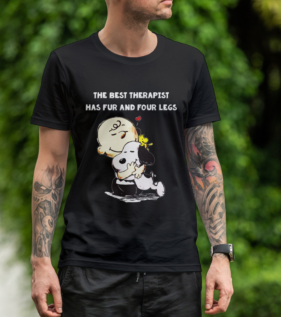 The Best Therapist Has Fur And Four Legs Charlie Brown Snoopy Woodstock Hug T-Shirt