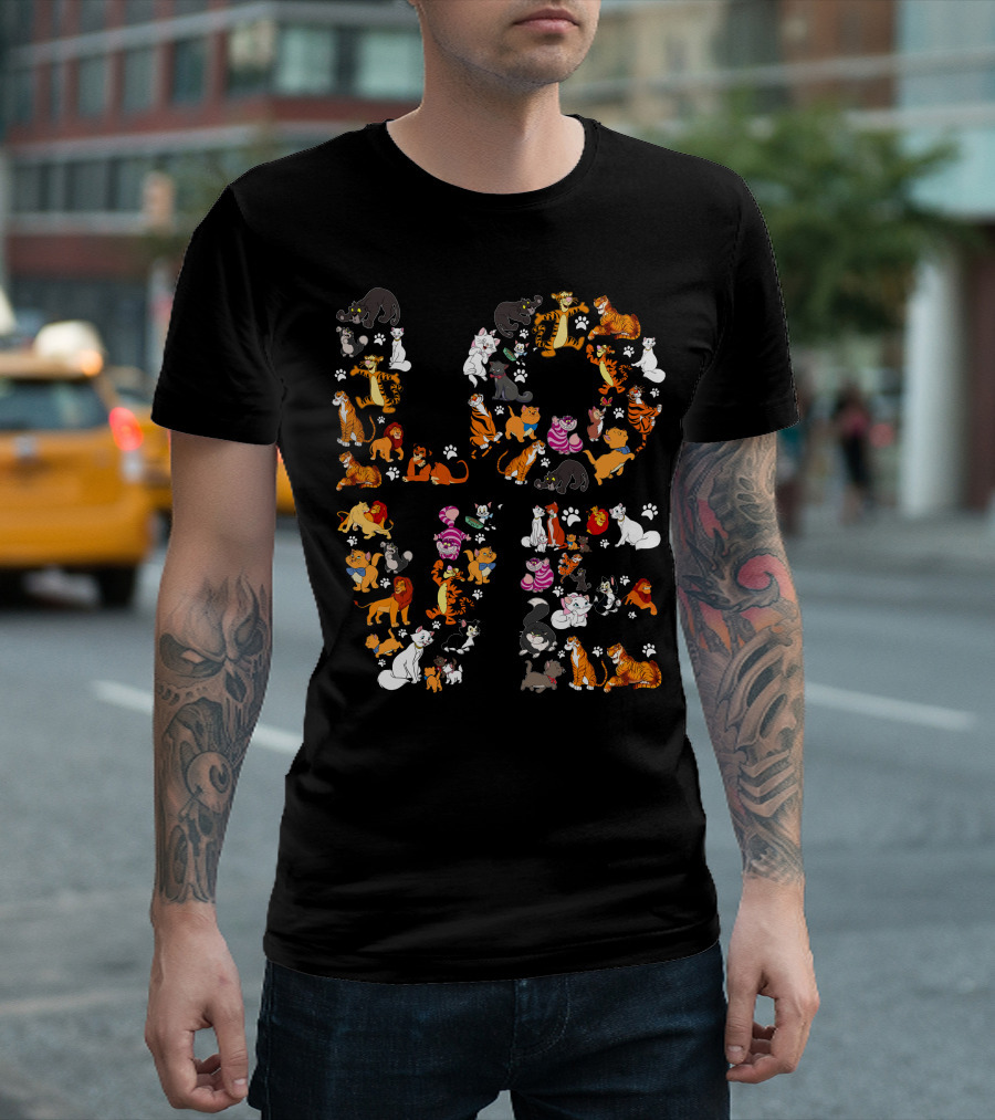 Cat Love Alphabet with Colorful Cartoon Cats and Paw Prints T-Shirt