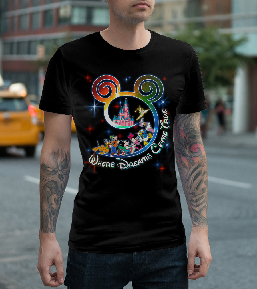 Where Dreams Come True Disney Castle Mickey Minnie Goofy Donald Pluto Tinkerbell T-Shirt