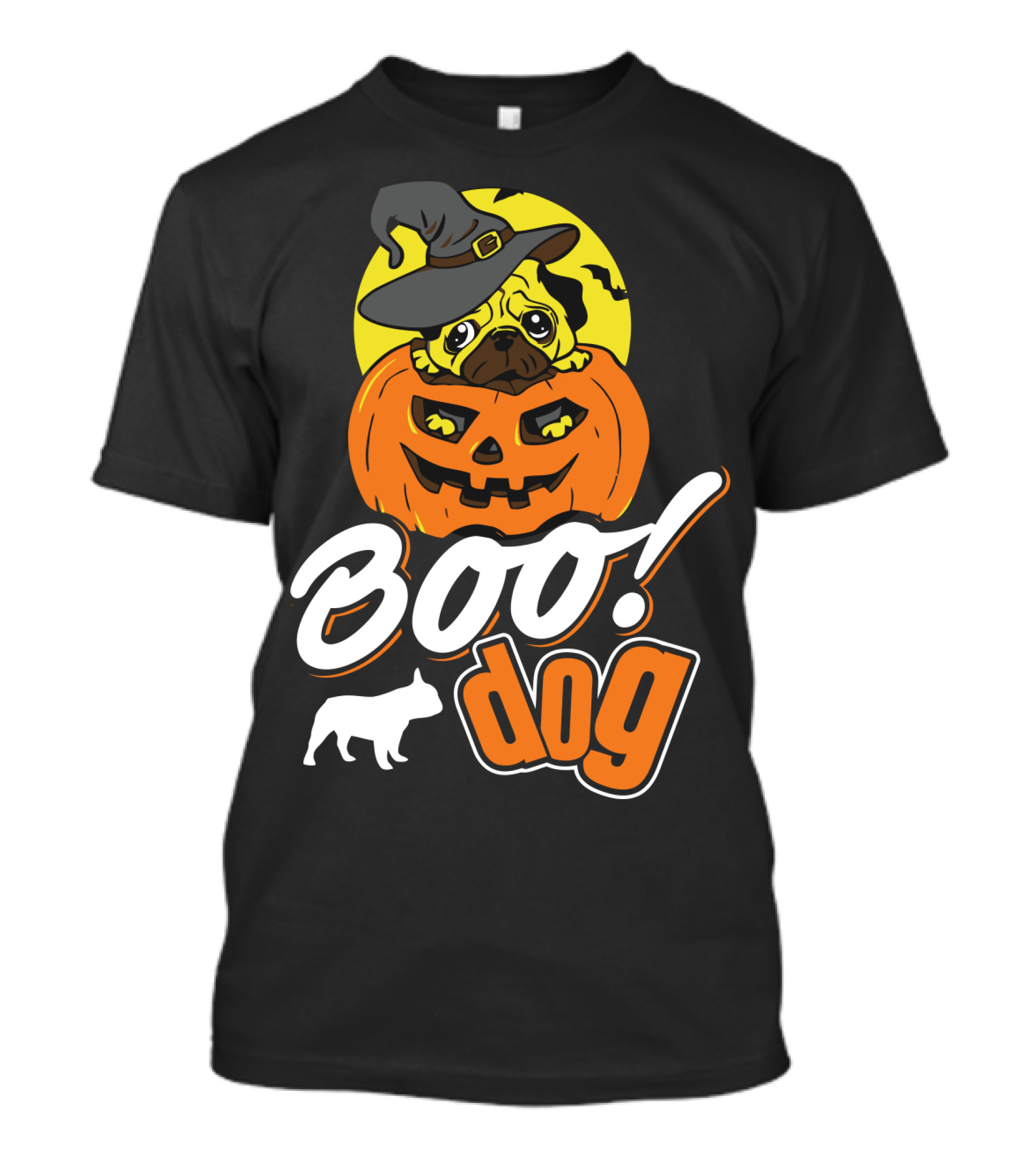 Boo Dog Pug In Witch Hat With Pumpkin Halloween T-Shirt