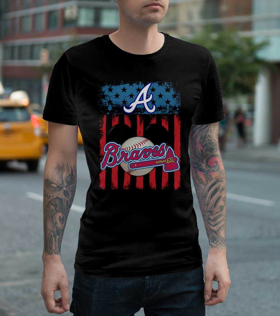 A Mickey Braves Iconic Baseball Stars and Stripes American Flag T-Shirt