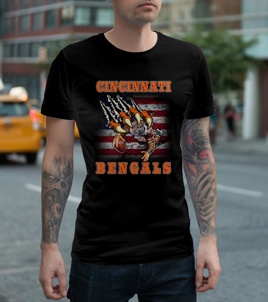 Cincinnati Bengals Clawing Tiger with American Flag and Football T-Shirt