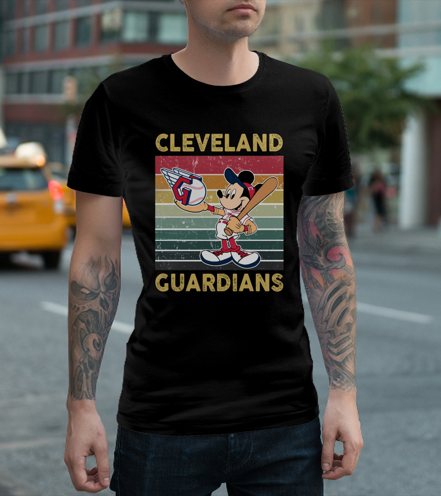 Cleveland Guardians Mickey Mouse Baseball Retro Stripes T-Shirt