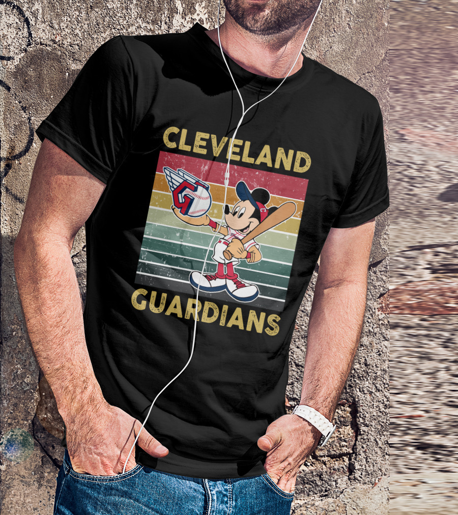 Cleveland Guardians Mickey Mouse Baseball Retro Stripes T-Shirt