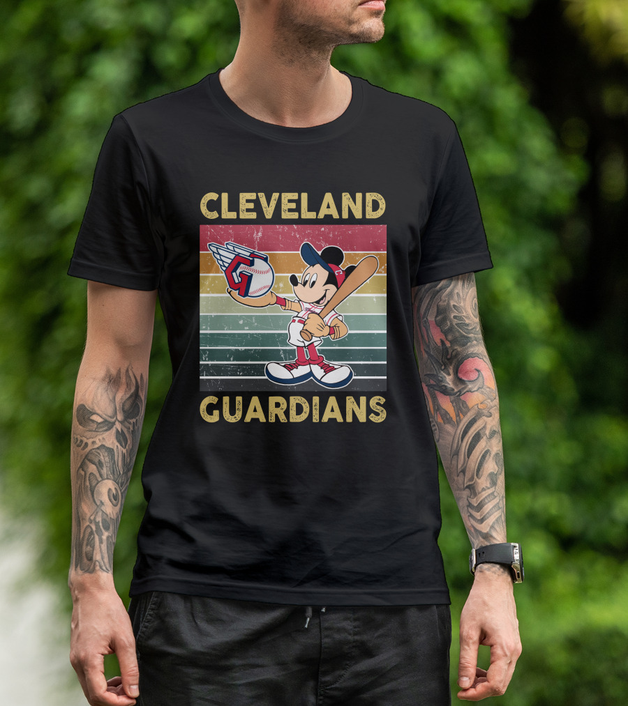 Cleveland Guardians Mickey Mouse Baseball Retro Stripes T-Shirt