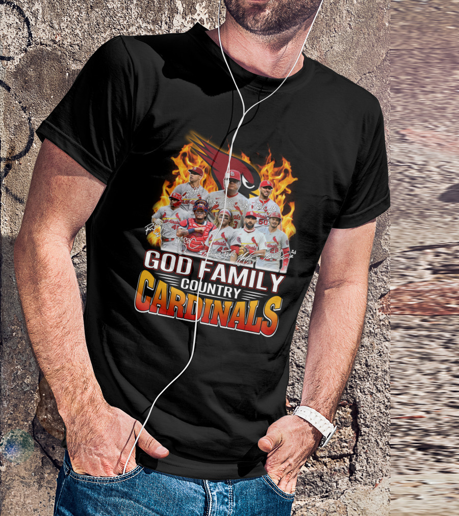 God Family Country Cardinals Baseball Team Fire Background T-Shirt